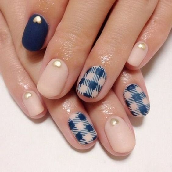 Acrylic Plaid Nails In Nude And Blue