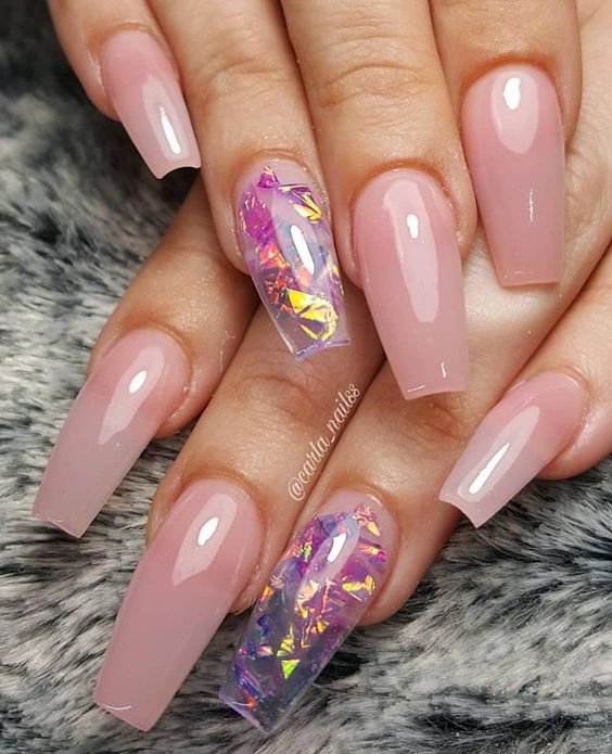 Crinkled Pink Foil In A Coffin Shaped Acrylic Nail