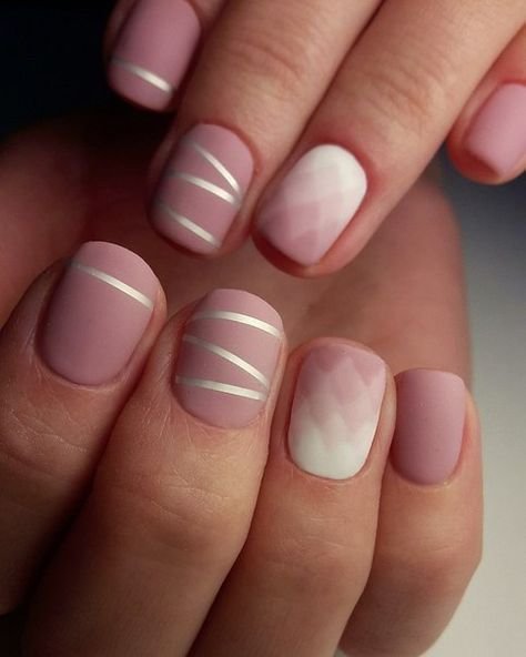 Matte Powder Pink Acrylic Nail With Silver Accents