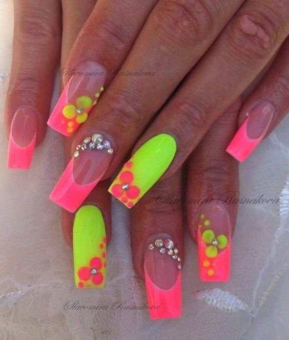 Neon Pink Square Shaped Acrylic Nail With Diamonds