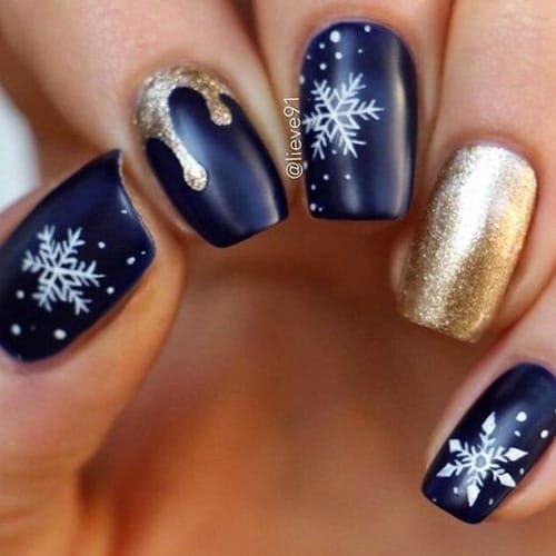 The Royal Blue And Gold Winter Wonderland On Acrylic Nails